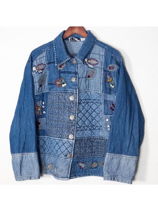 KEREN hart Jackets & Blazers - Keren Hart Blue Denim Jacket XL Embroidered Bird Patchwork Cottagecore